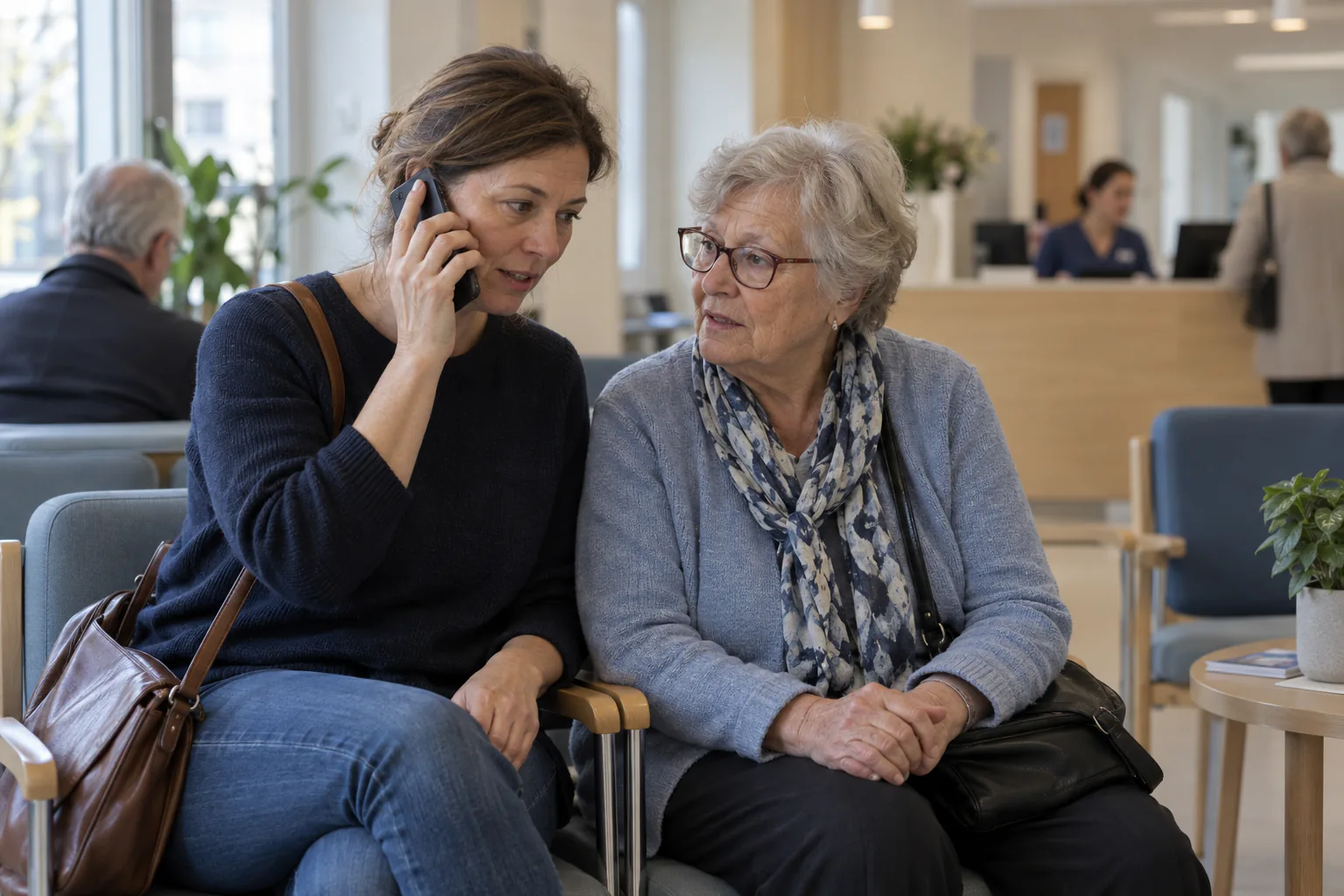 Adult caller checks an appointment by phone with an older patient beside her in a European clinic waiting area