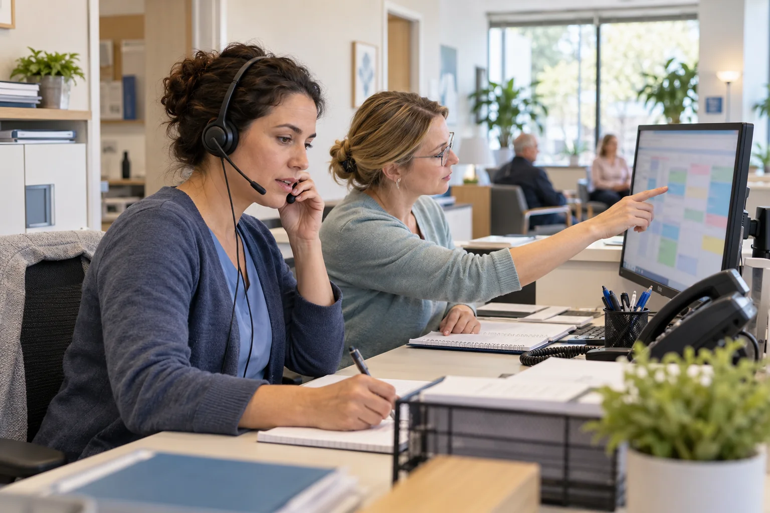 Twee kliniekmedewerkers coördineren patiëntgesprekken en herstel van afspraken na een verstoring