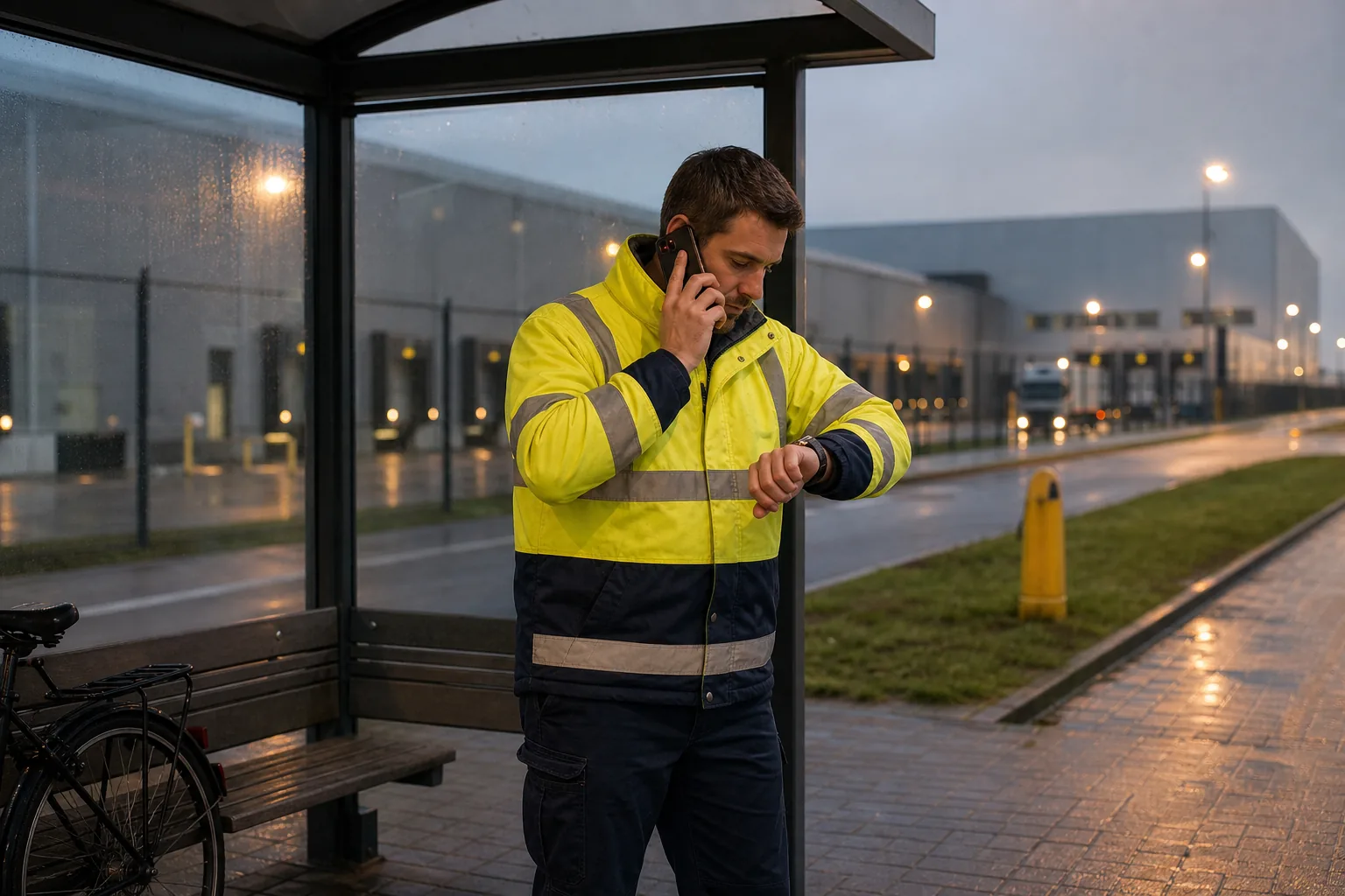 Temporary warehouse worker confirms a changed shift by phone at a rainy European logistics site before dawn