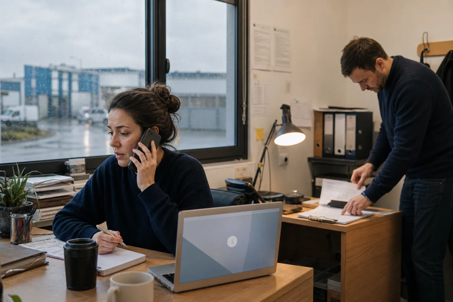 Staffing coordinators use a phone and paper contingency queue during a rainy early-morning systems outage in a European branch office
