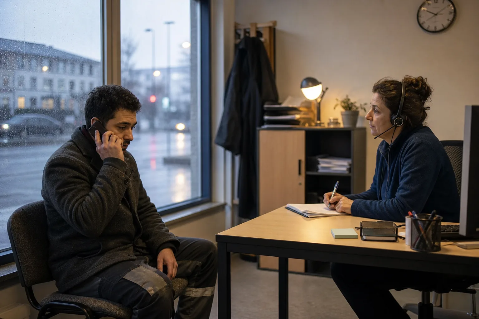 Temporary worker makes a confidential phone report while a staffing coordinator listens carefully in an early-morning European branch office