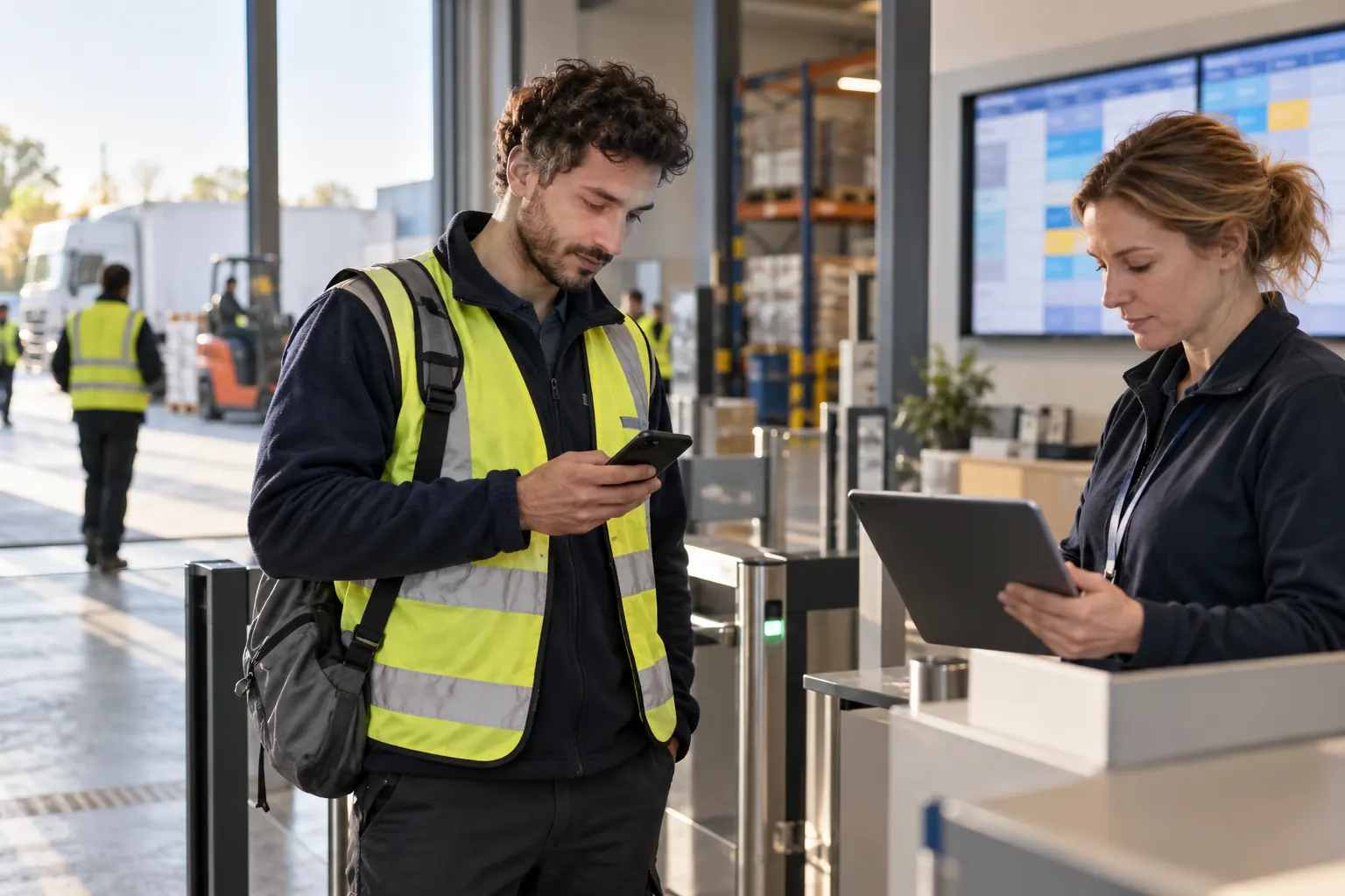 Ein Zeitarbeiter prüft Schichtdaten auf dem Smartphone, während eine Disponentin den aktuellen Plan kontrolliert