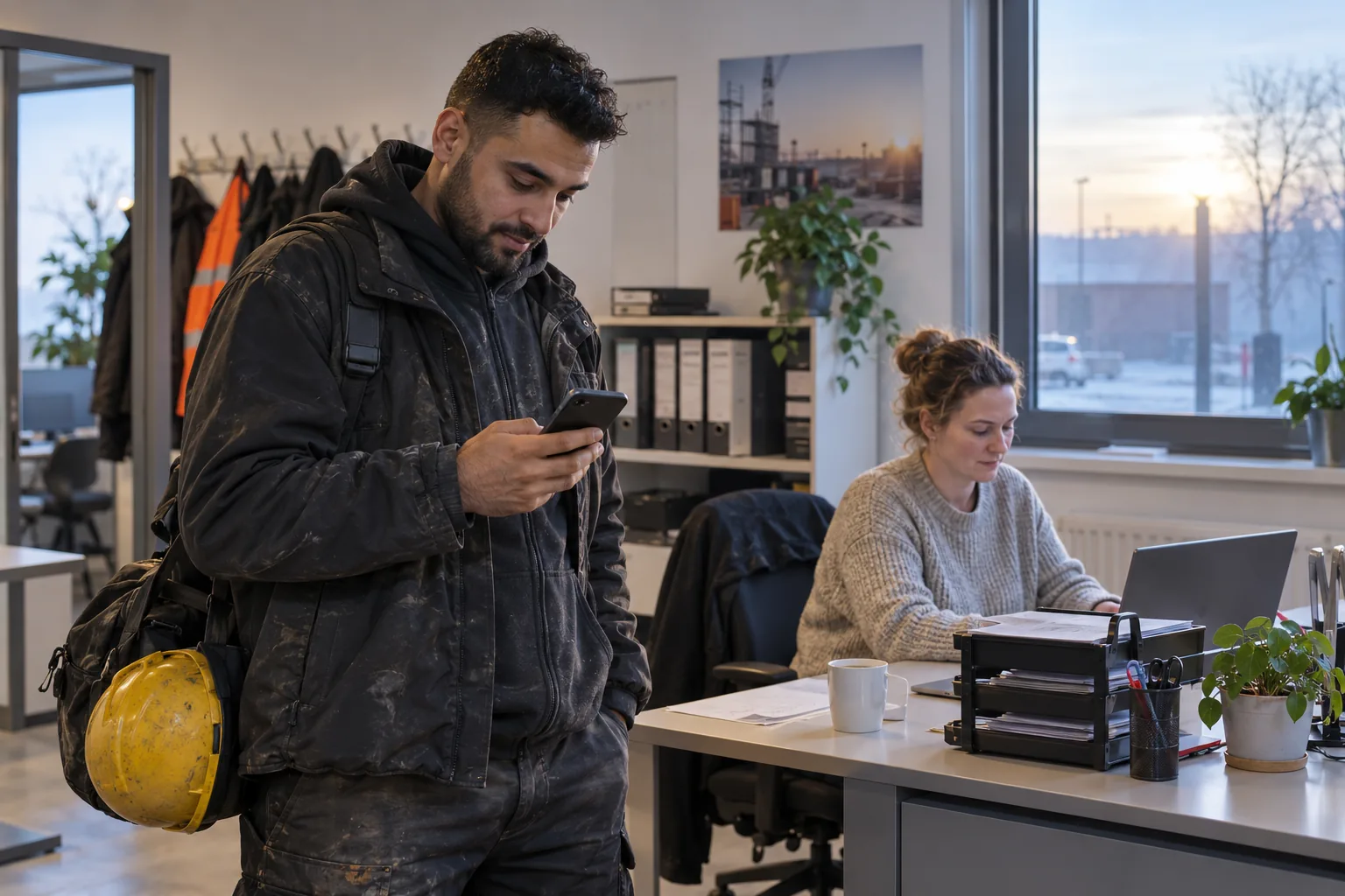 Zeitarbeiter prüft eine Bestätigung auf dem Telefon, während eine Disponentin den Fall in einem europäischen Niederlassungsbüro bearbeitet