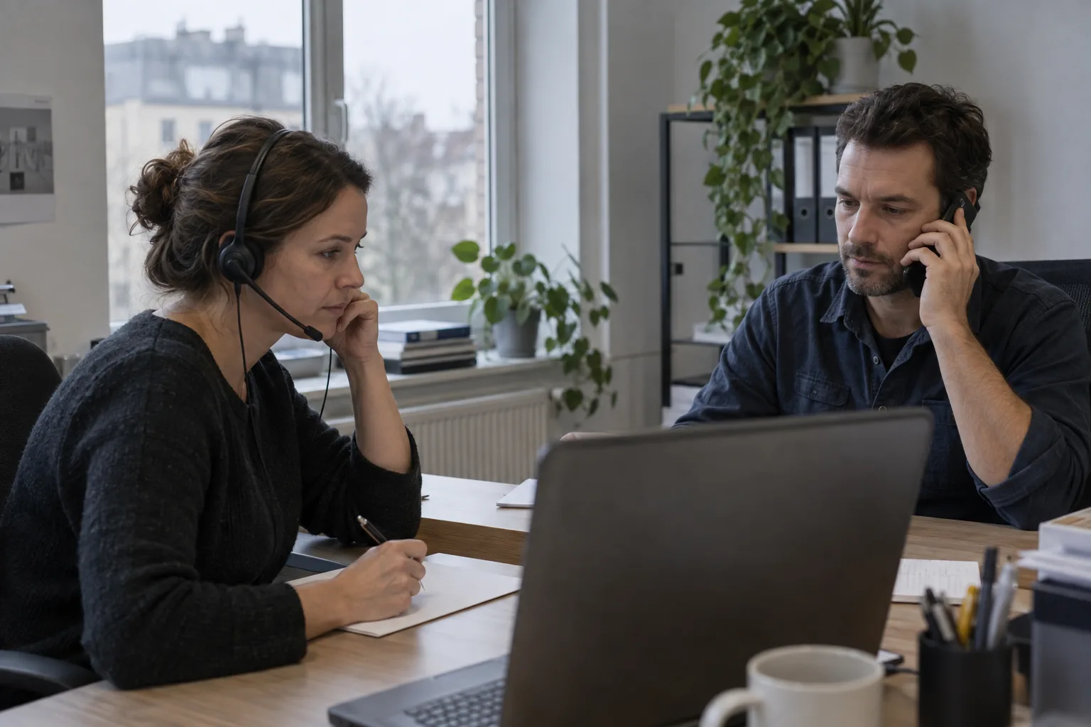 Zwei Beschäftigte eines Personaldienstleisters testen ein Telefongespräch an einem Schreibtisch in einem europäischen Büro