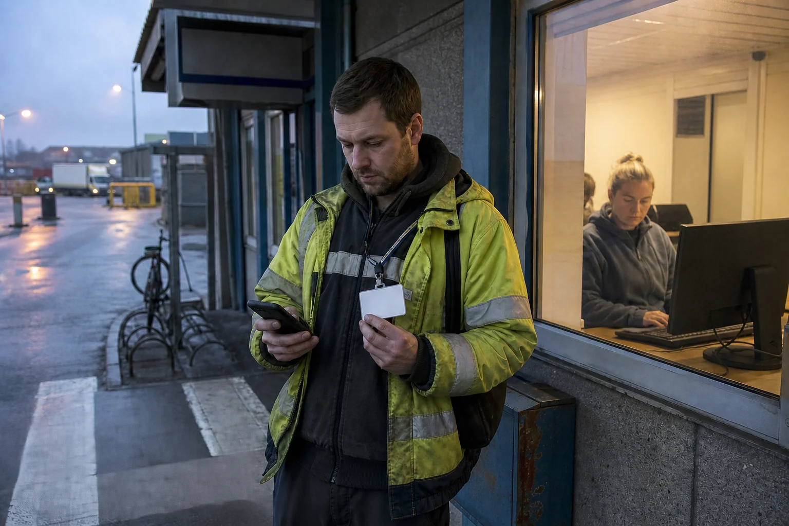 Pracownik tymczasowy korzysta z telefonu i pustej karty dostępu przy deszczowym europejskim centrum dystrybucyjnym, a koordynatorka sprawdza zgłoszenie